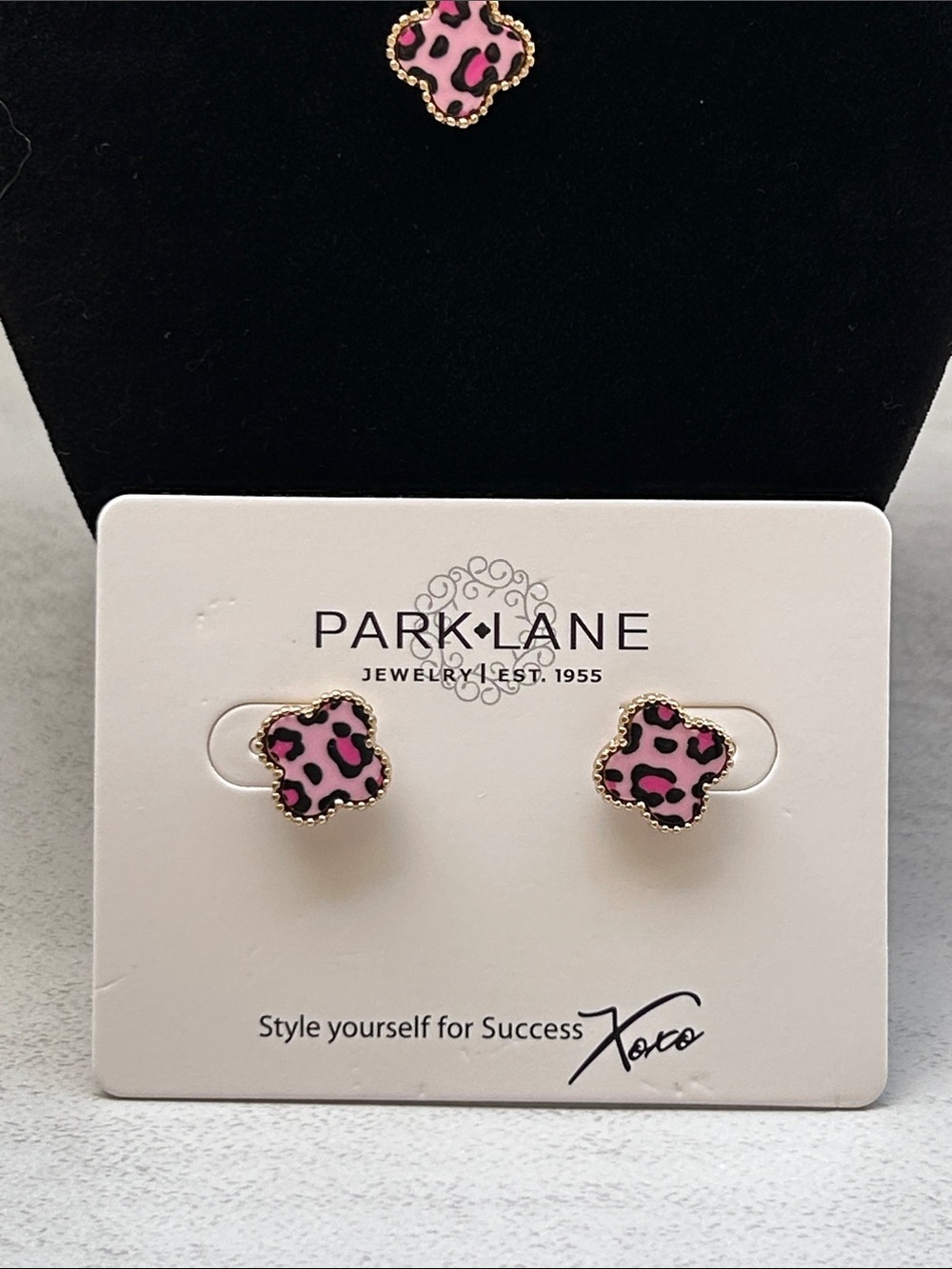 Park Lane Gold-Tone Pink Leopard Clover Necklace & Stud Earrings - Picture 3 of 7
